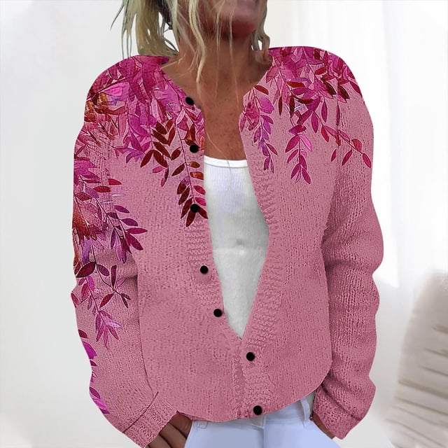 LOVZFMLL Cardigan pour Femmes Cardigan Décontracté Imprimé en Tricot Manteau à Boutons