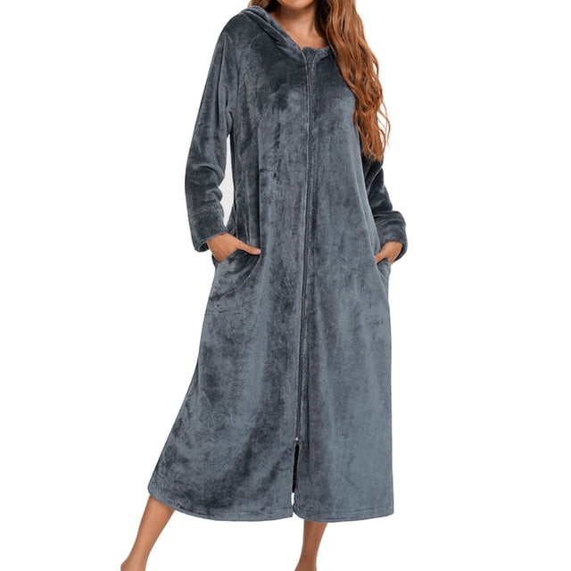 Kcodviy Robe en Flanelle à Manches Longues Robes Luxueuses pour Femmes avec Capuche et Fermeture Éclair Peignoir Portefeuille pour Femmes Pyjama pour Couples pour l'Automne Longs Peignoirs en Satin pour Femmes et Hiver