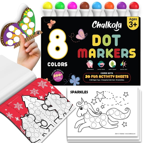 Chalkola 8 Washable Dot Markers for Toddlers 1-3 | with 20 Page Coloring Activity Book Kit, Bingo Daubers | Preschool Paint Dot Art Set - Toddler Arts and Crafts Supplies for Kids Ages 2-4 Years Old