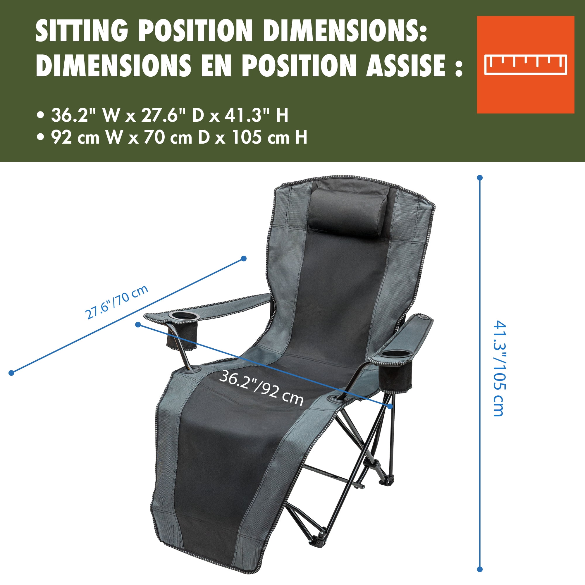 Chaise de détente pliante Ozark Trail, Capacité de charge : 136 kg (300lbs), Polyester 600D, Couleur noire