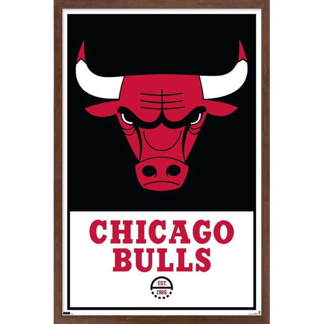 NBA Chicago Bulls - Logo 21 Wall Poster, 22.375" x 34" framed featuring a centered red bull head with white horns on a black background above red 'CHICAGO BULLS' text and a circular 'EST. 1966' emblem on a white panel, suitable for wall décor in bedrooms, offices, or dorm rooms.