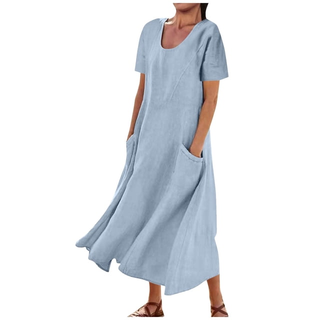 Pisexur Robes pour Femmes Couleur Unie Robes en Coton et Lin Manches Courtes Col Rond Robes Maxi Été Décontracté Coupe Ample Robe de Plage Mode Fluide Robe d'Été pour Vacances et Congés avec Poches
