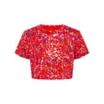 thumbnail image 1 of Haitryli Girls Short Sleeve Colorful Printed Shiny Metallic Round Collar Crop Top Costume for Dance And Performance Red 130, 1 of 7