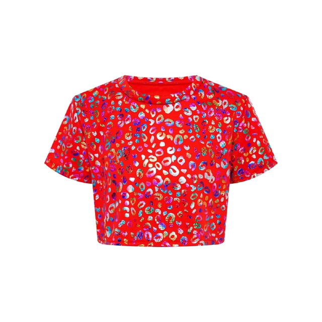 Haitryli Girls Short Sleeve Colorful Printed Shiny Metallic Round Collar Crop Top Costume for Dance And Performance Red 130