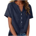 thumbnail image 1 of Floleo T-Shirt à Manches Courtes pour Femmes, Style Lin, Col en V, Boutons devant, Demi-Ouverture, Haut Vintage Classique, Respirant, Confortable, Extensible, Tissu Fin, Printemps Été Automne, Tenue Quotidienne (Navy#1, 2TG), 1 of 8