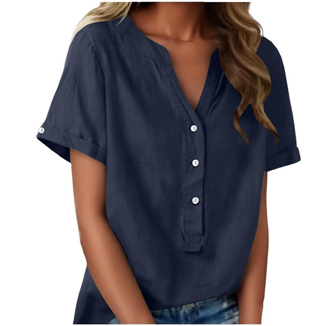 Floleo T-Shirt à Manches Courtes pour Femmes, Style Lin, Col en V, Boutons devant, Demi-Ouverture, Haut Vintage Classique, Respirant, Confortable, Extensible, Tissu Fin, Printemps Été Automne, Tenue Quotidienne (Navy#1, 2TG)