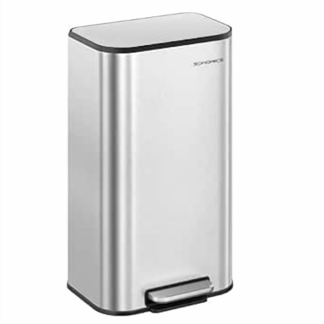Kitchen Trash Can, 8-Gallon (30 L) Garbage Can with Lid, Stainless Steel, Soft Close and Stays Open, Inner Bucket, Wide Non-Slip Pedal, Metallic Silver