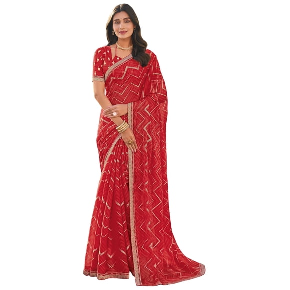 Laxmipati Sarees Women'S Geometric Printed Chiffon Saree In Red Color With Unstitched Blouse Material - Suitable For All Indian Occasions And Festivals