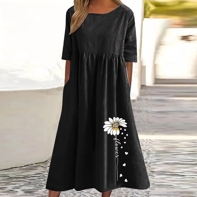 Meichang Robes en Coton et Lin pour Femmes Décontractées d'Été Grande Taille à Imprimé Floral Robes Midi à Manches Courtes à Encolure Dégagée Robes Plissées Décontractées de Travail avec Poches Noir TTTTG