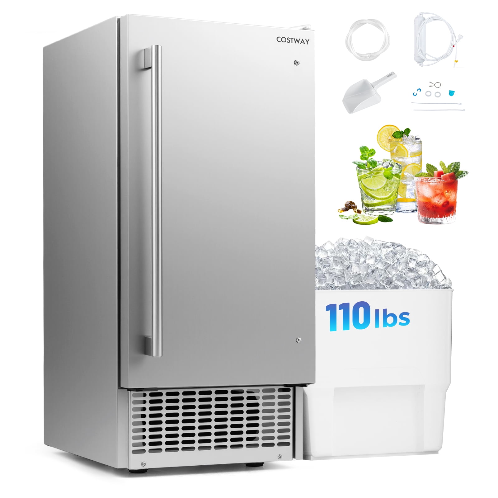 Costway Freestanding Ice Maker, 110 lbs/24H Undercounter/ Ice Machine with 25 lbs Capacity Silver