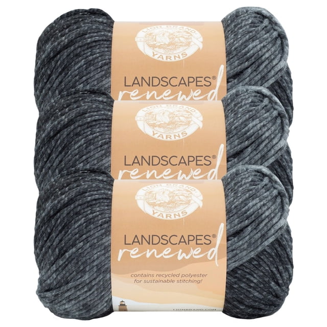 Lion Brand Landscapes Renewed Yarn #4 Medium/Worsted Recycled Yarn 150g/212m 3-Pack with three skeins of variegated dark grey medium weight yarn made from 75% polyester and 25% recycled polyester, machine washable and ideal for knitting, crochet, and eco-conscious crafting projects.