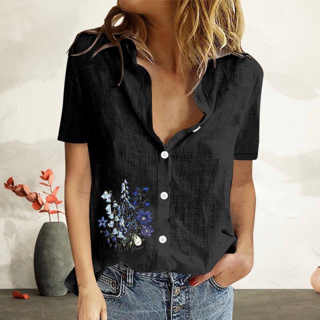 Mefallenssiah Femmes Imprimer Manches Courtes Bouton en Vrac Col Rabattu Chemise Blouse Solide tops