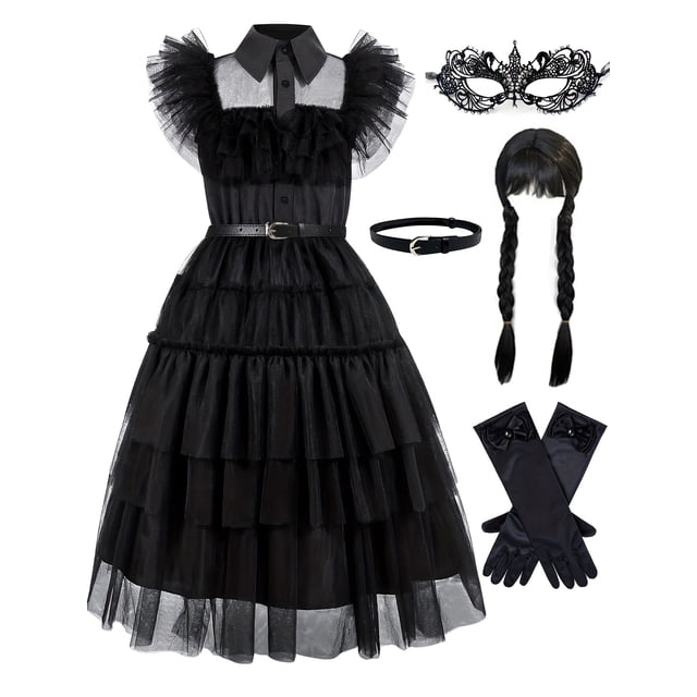 Girls Stunning Halloween Party TV Series Character Dress Up Outfit featuring a black ruffle mesh hem layered tutu dress with a lapel collar and tiered layers. Made of 35% cotton and 65% polyester, this non-stretch woven fabric costume includes a matching belt, gloves, a black masquerade mask, and a braided wig. Suitable for girls over 3 years old, ideal for Halloween or themed parties.