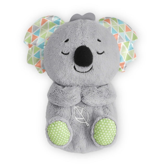 Fisher-Price Soothe 'n Snuggle Koala Baby Sound Machine with Lights Music & Rhythmic Motion, soft gray plush koala with embroidered facial features, pastel multicolor triangle patterned ears, and green polka dot foot pads, featuring a light-up belly that moves rhythmically to soothe infants with customizable music, sounds, and light settings.