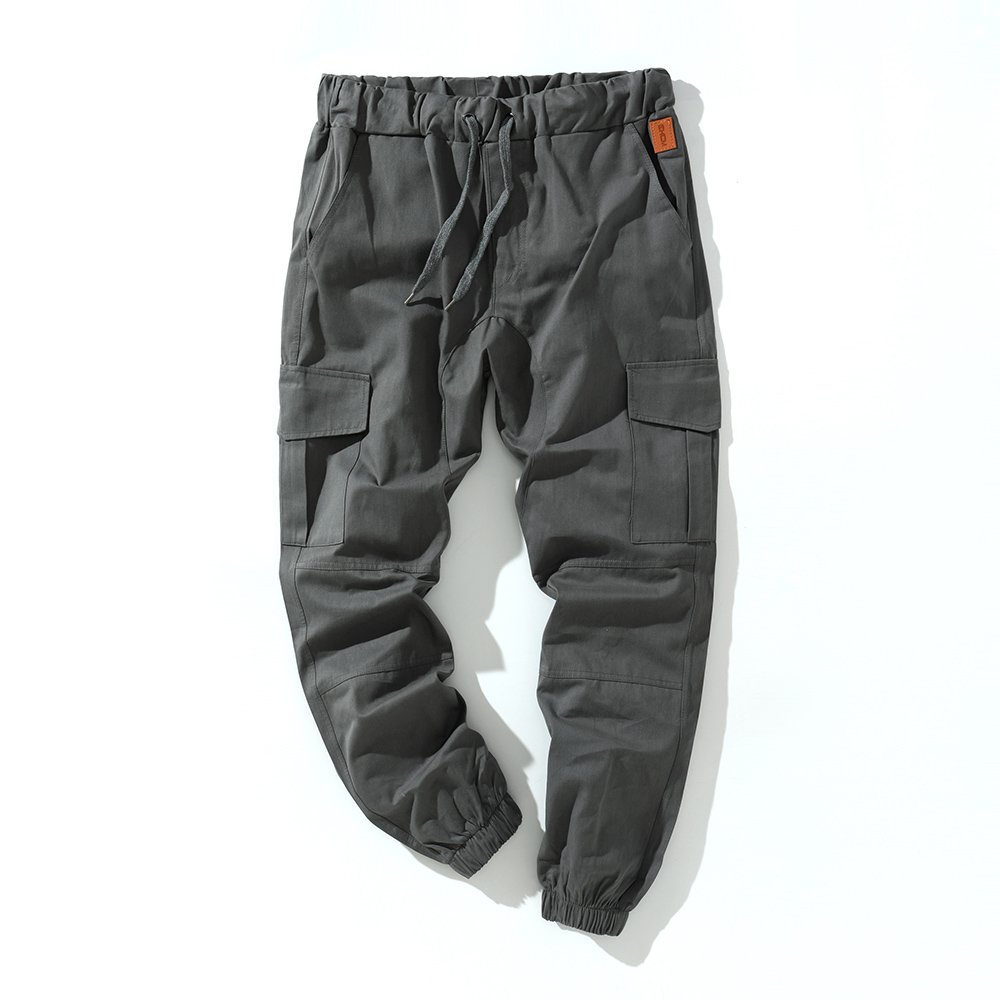 FOCUSNORM Men Solid Color Cargo Trousers, Loose Fit Drawstring Waist Long Pants