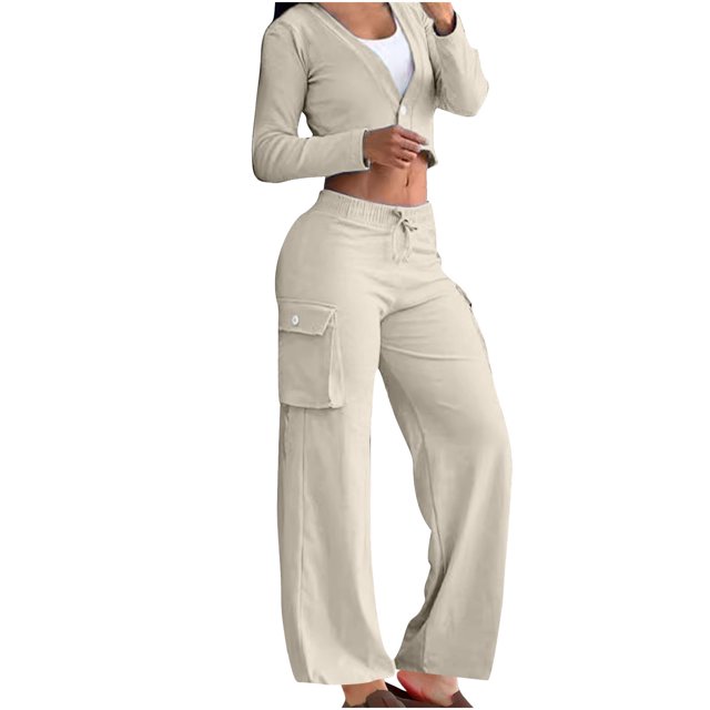 Timegard 2 Piece Sets for Women Long Sleeve V-Neck Button Cardigan Elastic Waist Cargo Pants Fall Trend Outfits