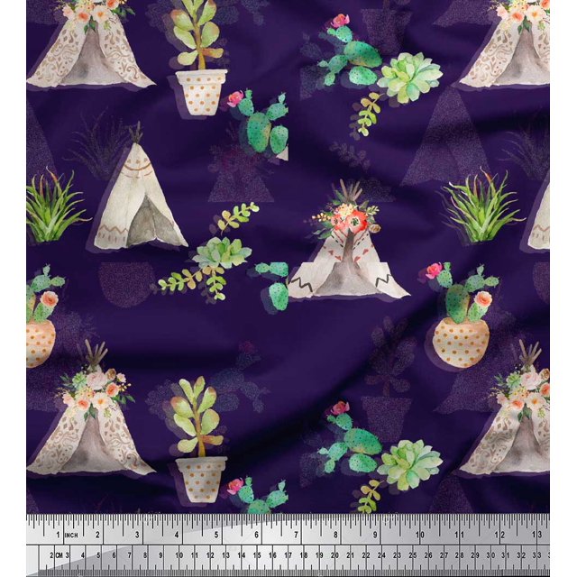Soimoi Purple Cotton Duck Fabric Cactus With Conical Pot Tree Decor Fabric Printed Yard 56 Inch Wide