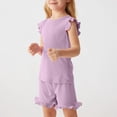 thumbnail image 2 of Toddler Girls Summer Short Sets Cotton Rib Knit Outfits Short Ruffle Cap Sleeve Tees T-Shirt Tank Tops + Skorts 2PC Sets Purple 3-4 Years, 2 of 8