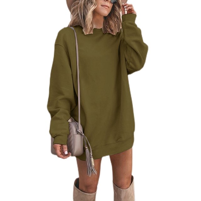 LUXUR Robe Chandail à Manches Longues pour Femmes, Unie, d'Hiver, à Enfiler, Vert Armée, TG