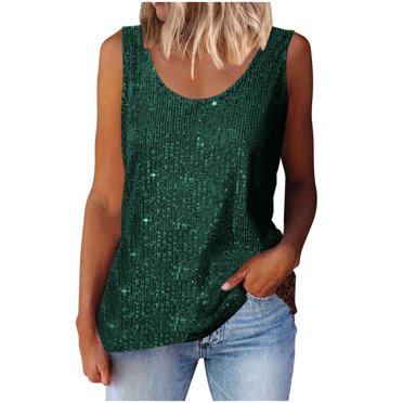 Women's Sequin Tops, Fashion Womens Summer Sparkly Party Blouse Tank Top Scoop Neck Shiny Shimmer Sleeveless Tanks (XL, Green)