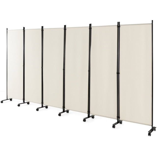 Costway 6-Panel Folding Room Divider 6FT Rolling Privacy Screen with Lockable Wheels in white. Designed with a durable metal frame and breathable polyester fabric panels, it features 14 lockable caster wheels for easy mobility and a foldable design for compact storage. Ideal for creating privacy partitions or modern decor in home, office, or hospital settings. Dimensions: 132 inches x 68 inches unfolded.