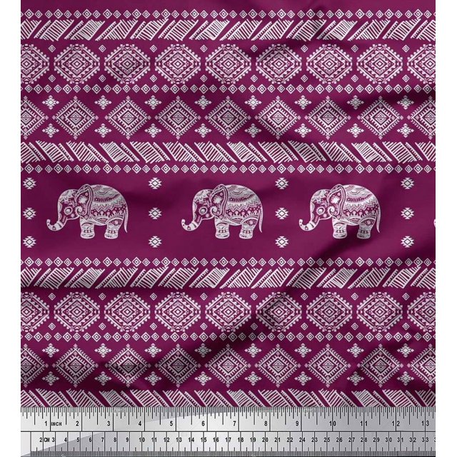 Soimoi Silk Fabric Aztec & Tribal Elephant Animal Printed Fabric 1 Yard 42 Inch Wide