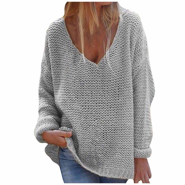 Hauts de Mode pour Femmes Mode pour Femmes Col en V Ample Chandail Uni Manches Longues Hauts