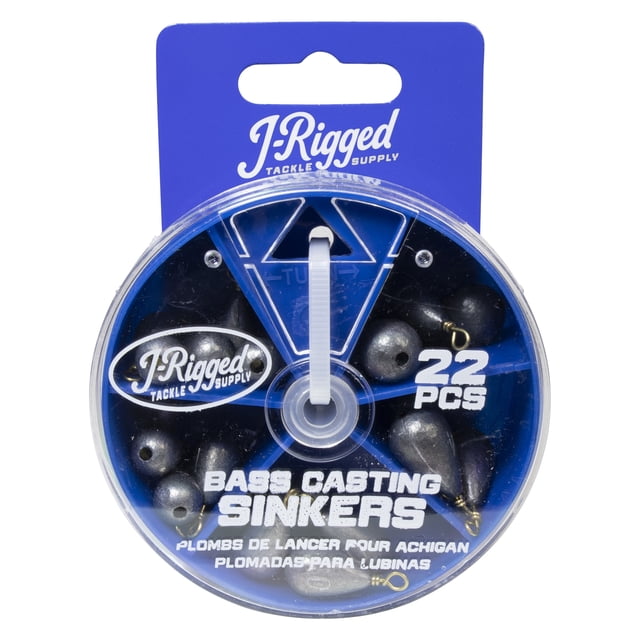 J-Rigged Tackle Supply Bass Casting Sinker Assortment with 22 grey fishing weights in assorted shapes inside a round blue plastic storage case with clear lid and white branding, designed for bass fishing and terminal tackle use, also suitable for precise bait control in varied water conditions.