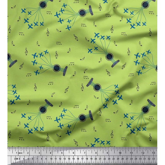 Soimoi Rayon Fabric Airplane,Guitar Wire & Notes Musical Instrument Printed Fabric 1 Yard 42 Inch Wide