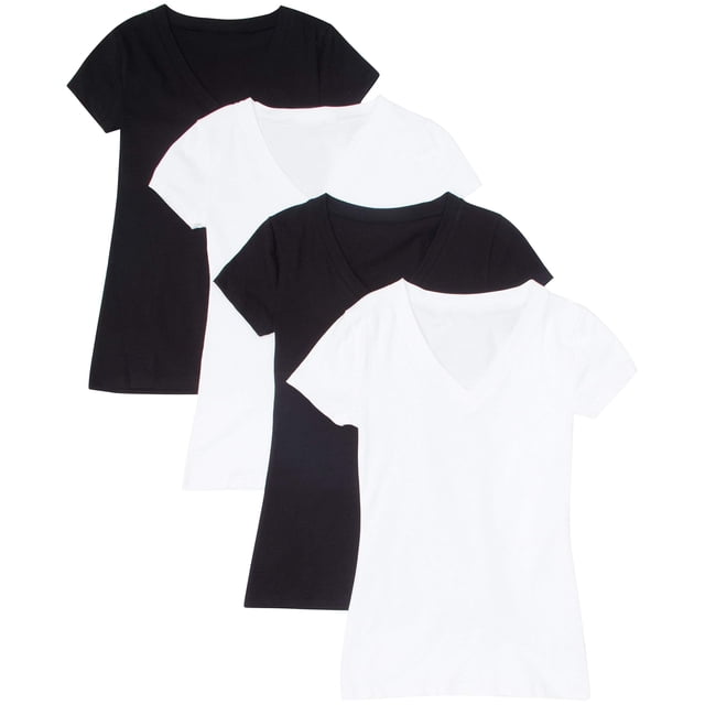 2 or 4 Pack Zenana Women's Basic Short Sleeve V-Neck T-Shirts in black and white, medium size. Designed for casual wear, these women's tops feature a comfortable fit, short sleeves, and a classic V-neck style.