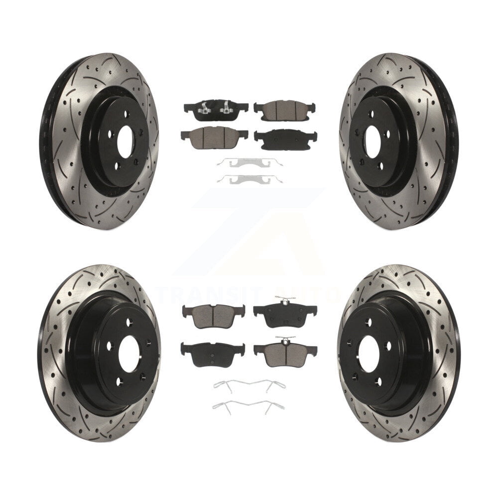 Transit Auto Front Rear Coated Drilled Slotted Disc Brake Rotors and Ceramic Pads Kit for Car Ford Edge Lincoln Nautilus MKX KDC-100350