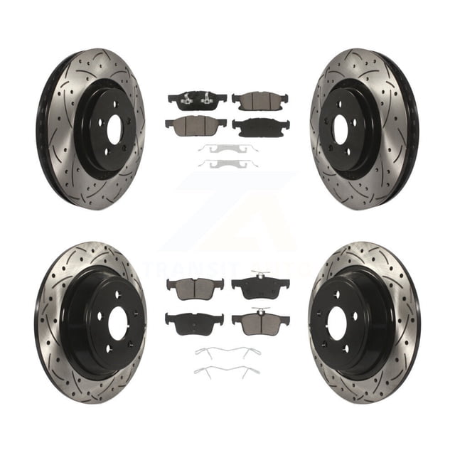 Transit Auto Front Rear Coated Drilled Slotted Disc Brake Rotors and Ceramic Pads Kit for Car Ford Edge Lincoln Nautilus MKX KDC-100350
