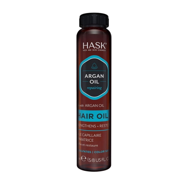 HASK® Argan Oil from Morocco Repairing Hair Oil 18ml in a dark amber plastic bottle with black screw cap, formulated to strengthen, restore, and smooth dry, damaged hair with a sulfate-free, color-safe formula, suitable for frizz control and shine enhancement.