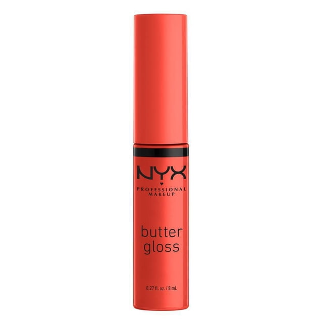NYX Professional Makeup Butter Gloss lip gloss in a coral red cylindrical tube with black branding text, containing 8 mL. This travel size makeup product offers sheer to medium coverage with a non-sticky, silky smooth finish, ideal for adding shine and softness to lips.
