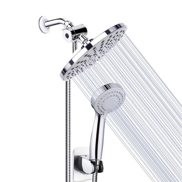 Amdohai Pomme de Douche Pluie Combinée avec une Pomme de Douche Pluie de 8 Pouces et une Pomme de Douche à Main avec 3 Réglages de Jet. l'Ensemble Comprend une Finition chrome Polie, un Tuyau de 1,5 m, un Séparateur à Trois Voies, un Support et du Ruban Téflon. Conçu pour un Débit d'Eau à Haute Pression et Équipé de Buses en silicone Autonettoyantes pour Prévenir l'Accumulation de Chaux. Convient aux Salles de Bains dans les Maisons, les Hôtels et les Écoles.