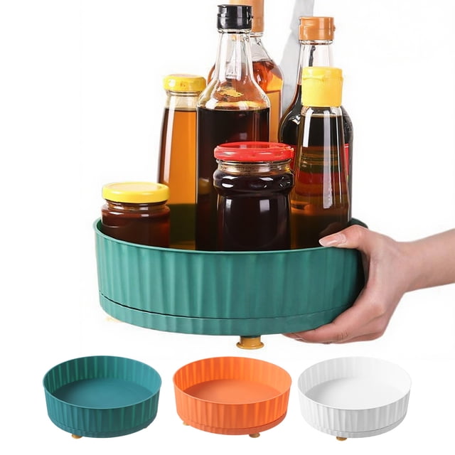 Cagogo under $5 3Pcs Spice Organizer, Rotating Spice Organizer, Kitchen Countertop Storage Tray, Multi Compartment Spice Box for Counter, Clear Plastic Spice Rack, Green Orange White Spice Storage