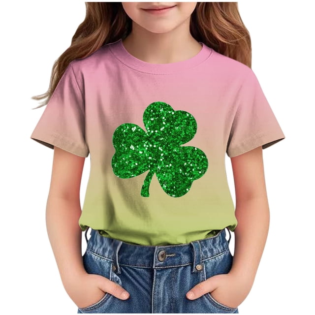 T-Shirt Imprimé de la Saint-Patrick pour Enfants, Col Rond à Manches Courtes, 95 % Polyester 5 % Élasthanne, Tissu Doux et Respirant, Tenue Décontractée pour Garçons et Filles de 3 à 14 Ans