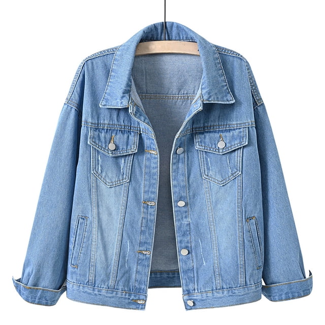 PEZHADA Denim Jacket for Women Long Sleeve Jean Jacket Button Up Frayed Hem Shacket with Pockets Light Blue