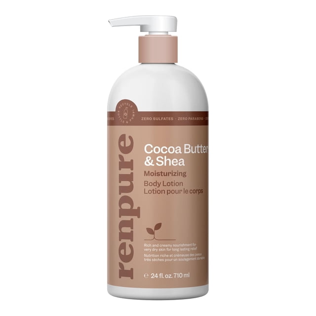 Renpure Cocoa Butter & Shea Moisturizing Body Lotion in a 24 fl. oz. (710 ml) white pump bottle with beige label, designed to hydrate and nourish normal to dry skin with plant-based ingredients, free of sulfates, parabens, and dyes, in recyclable packaging.