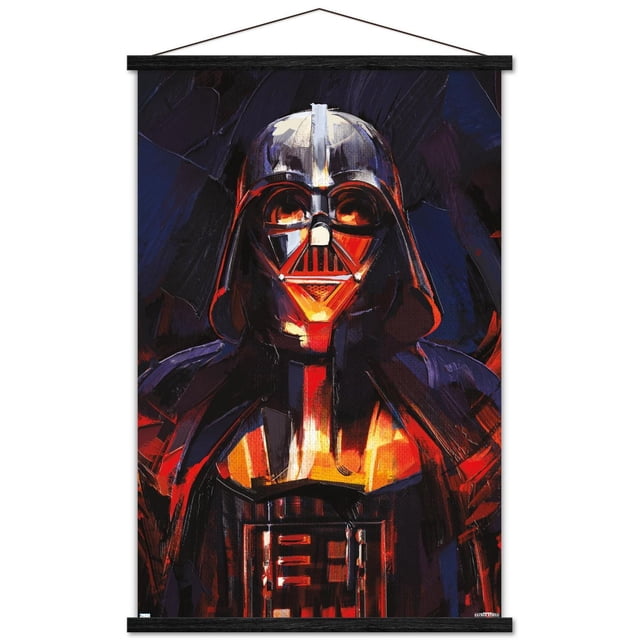 Star Wars : Obi-Wan Kenobi - Affiche Murale de Peinture Darth Vader, 22,375 Po x 34 Po Présentant une Peinture Moderne Stylisée de Darth Vader avec des Traits de Pinceau Noir Foncé, Bleu et Rouge et des Surligneurs orange Lumineux sur le Panneau de Poitrine, Encadrée avec du Bois Noir et une Corde Suspendue, Convient à l'Art Mural dans les Chambres, les Bureaux Ou les Résidences Étudiantes.
