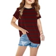 thumbnail image 1 of Penkiiy T-Shirts à Manches Courtes à Blocs de Couleur Rayés pour Filles, Col Rond Décontracté, Été, Mignons, Hauts Tee 4-13 Ans Rouge, 1 of 4