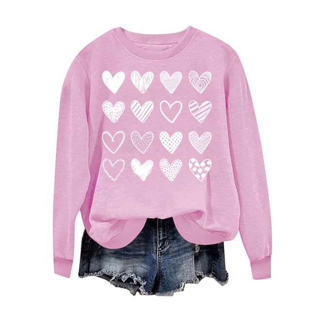 Penkiiy Chandail à Imprimé Cœur pour Femme, Manches Longues, Col Ras du Cou, Décontracté, Ample, Style Vintage, Chandail Graphique « Love », Hauts, L Rose