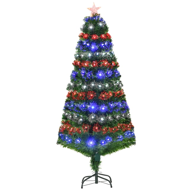 HOMCOM 5FT Pre-lit Artificial Christmas Tree with LED Lights and Fiber Optics, Xmas Holiday Decoration, Green