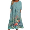 thumbnail image 3 of Jovati Robe à Manches Courtes à Col Rond pour Femmes, Motif Floral Imprimé, Silhouette Évasée Fluide, Mélange Polyester Spandex, Coupe Estivale Légère, Détail Taille Élastique, 3 of 5