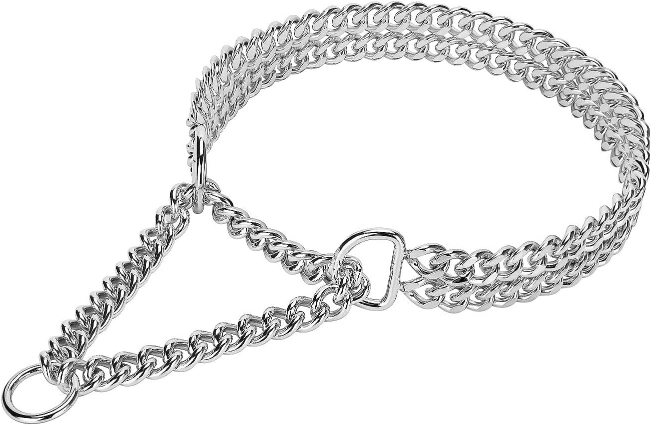 GHSDFBB Silver Dog Chain Collar Stainless Steel Silver Dog Collar Adjustable Walking, Metal Cuban Link Dog Collar Chew Proof Double Row Chain Dog Collar for Large Small Medium Dogs