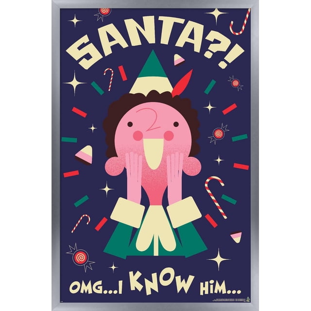Elf - Affiche Murale « I Know Him », 14,725 Po x 22,375 Po Encadrée Mettant en Vedette un Elf de Dessin Animé Orienté vers l'Avant avec un Visage Rose, des Cheveux Bruns Bouclés, Tenue Verte et Crème, et un Chapeau Vert avec une Plume Rouge, sur un Fond Bleu Foncé avec des Cannes de Bonbon, des Étoiles et des Morceaux de Bonbon, avec Texte Crème Lisant « Santa?! OMG... Je le Connais... ». Cette Affiche Encadrée Légère Est