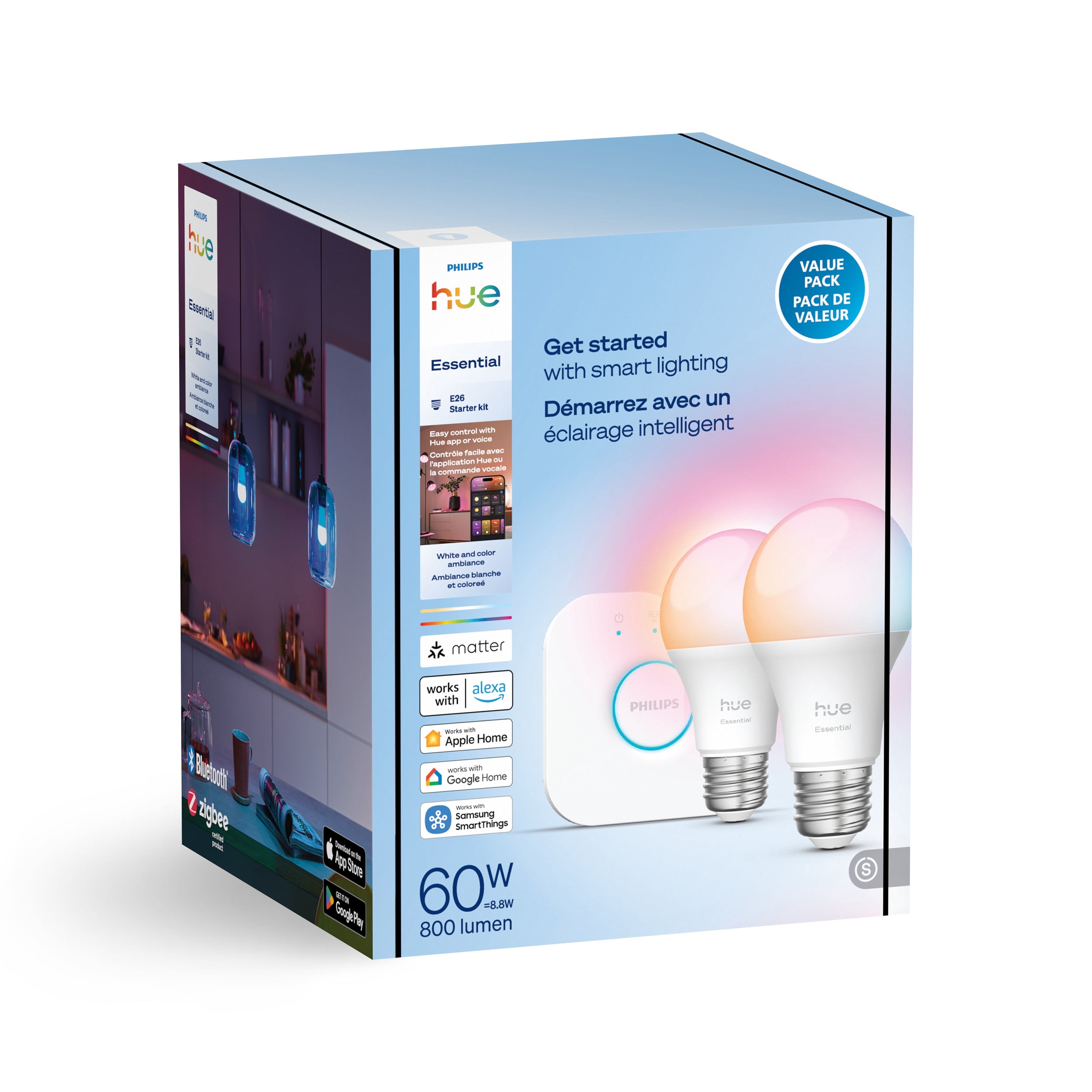 Philips Hue Essential Starter Kit Smart LED A19 E26, 800 Lumens