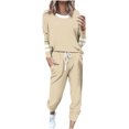 thumbnail image 1 of Posijego Ensemble Femme 2 Pcs Tenue Rayée Décontractée Manches Longues Col Ras du Cou Hauts Pantalons à Cordon Ensembles Détente P-5TG, 1 of 5