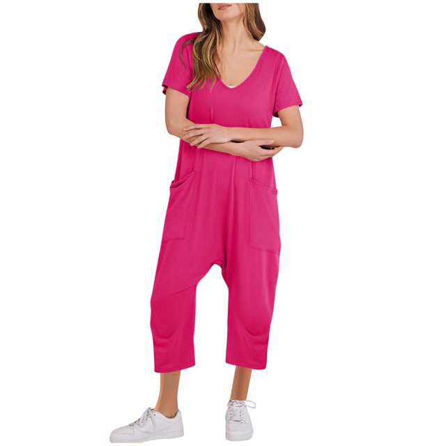 Birdeem Combinaisons pour Femmes Mode Femmes Combinaison Décontractée à Manches Courtes Combinaison Unie Combinaisons Pantalon à Jambe Grand avec Poche
