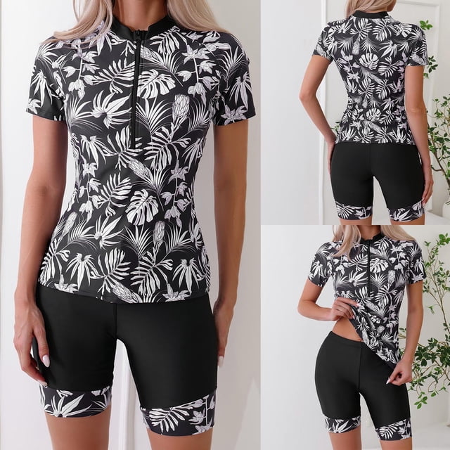 Lcziwo Womens Short Sleeve Rash Guard Two Piece Zipper Printed Swimsuits Surfing Slimming Bathing Suit with Shorts Black,L